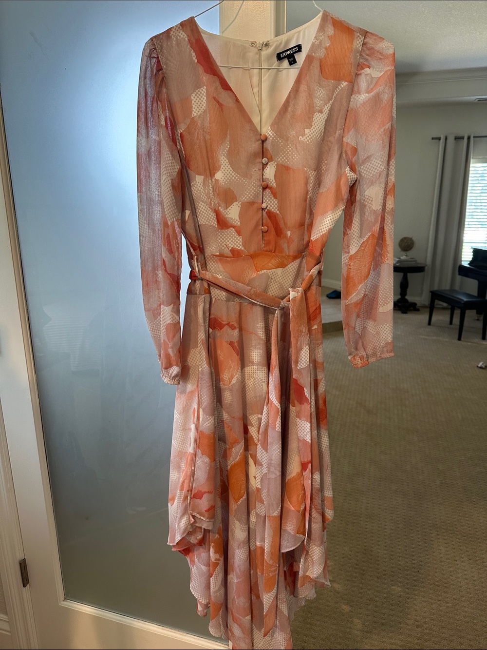Express Coral & Cream Asymmetrical Wrap Midi Dress